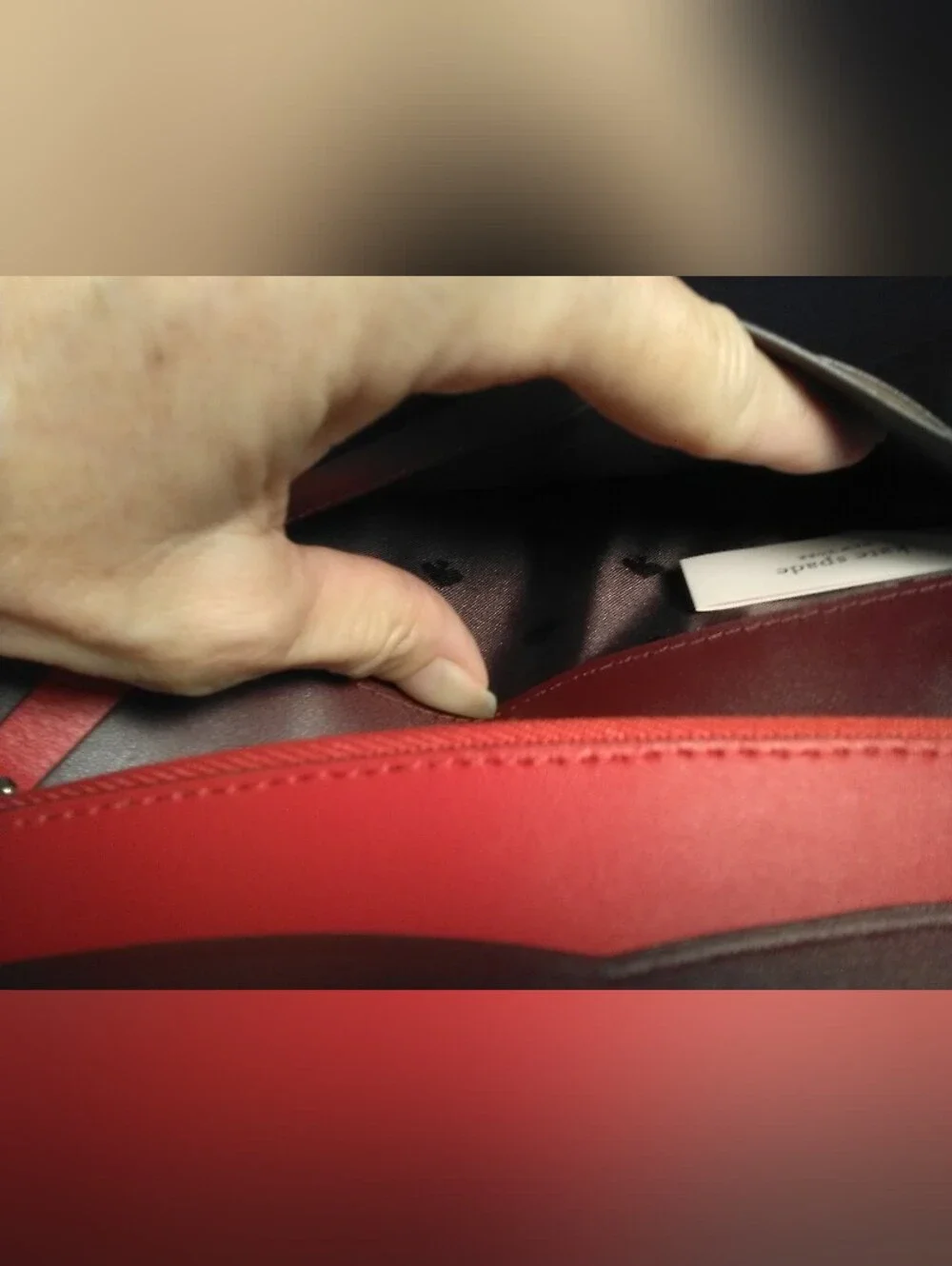 NWOT Kate Spade Red suede & leather Colorblock Spade emblem LG. Wallet Beauty